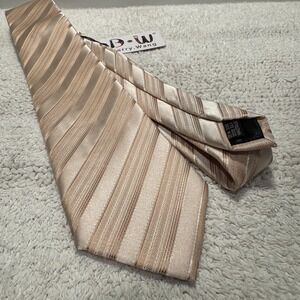 Barry Wang Tie Beige Gold Diagonal Stripe 100% Silk Italy Preppy NWT Business